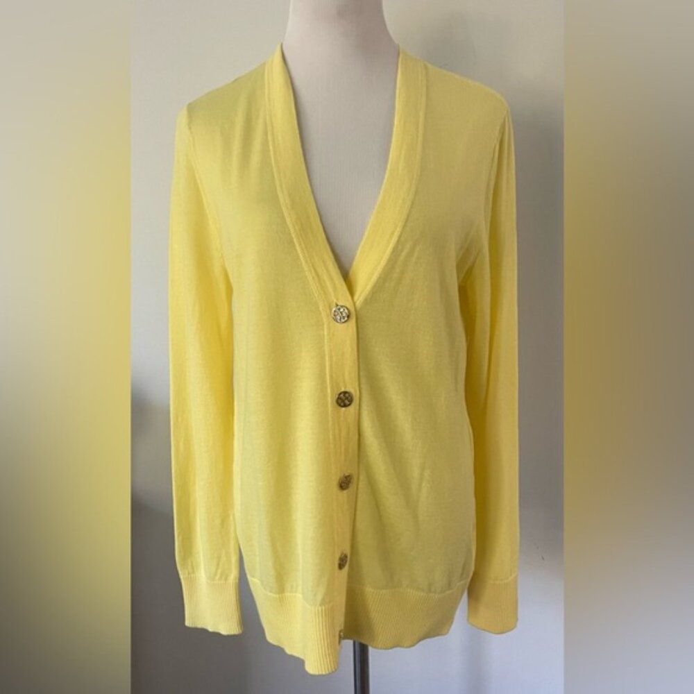 NEW NWOT TORY BURCH SIMONE LEMON CURD CLASSIC GOLD SIGNATURE BUTTON CARDIGAN XL - Picture 8 of 11